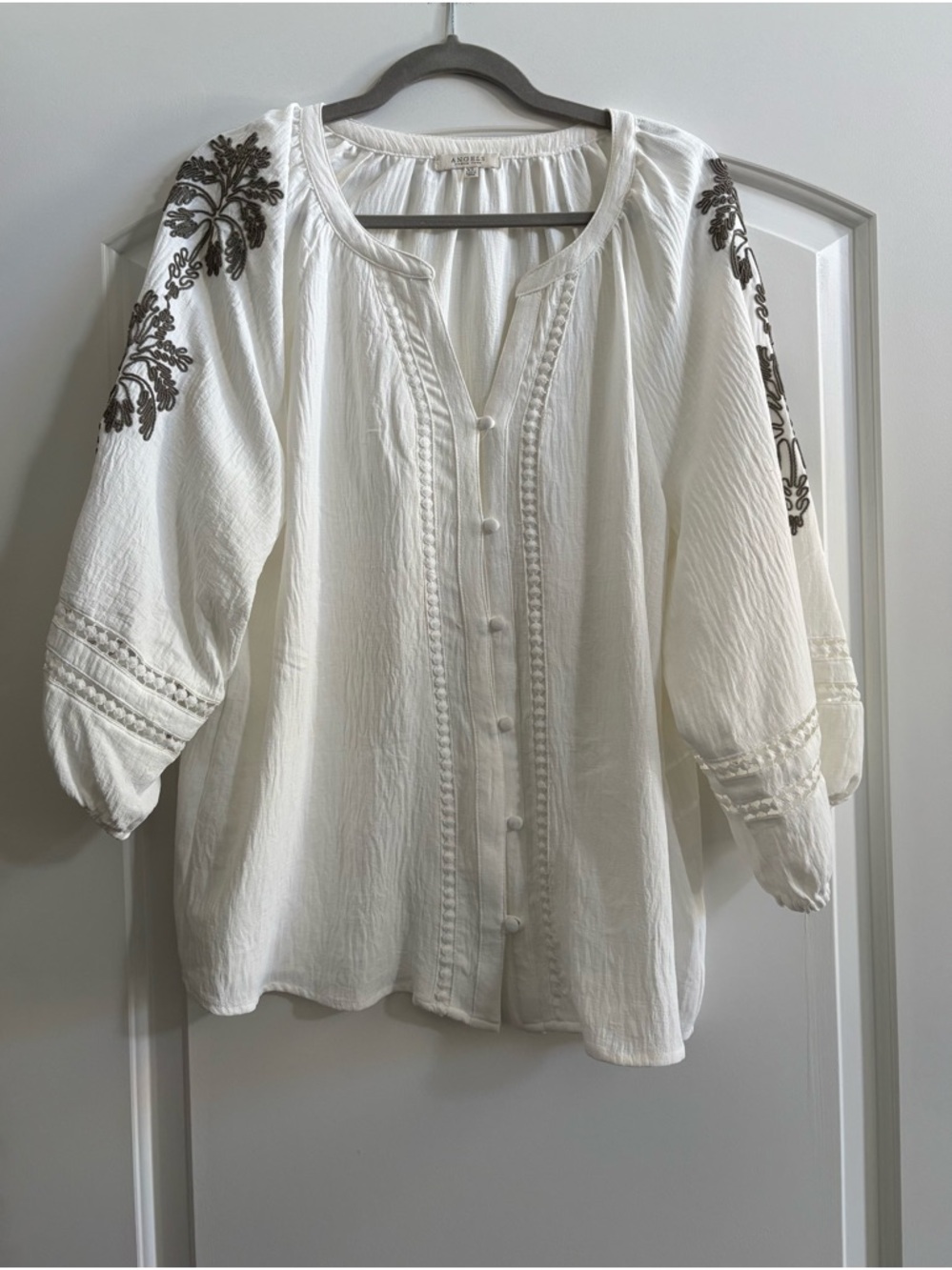 Angels White Peasant Blouse with Brown Floral Embroidery